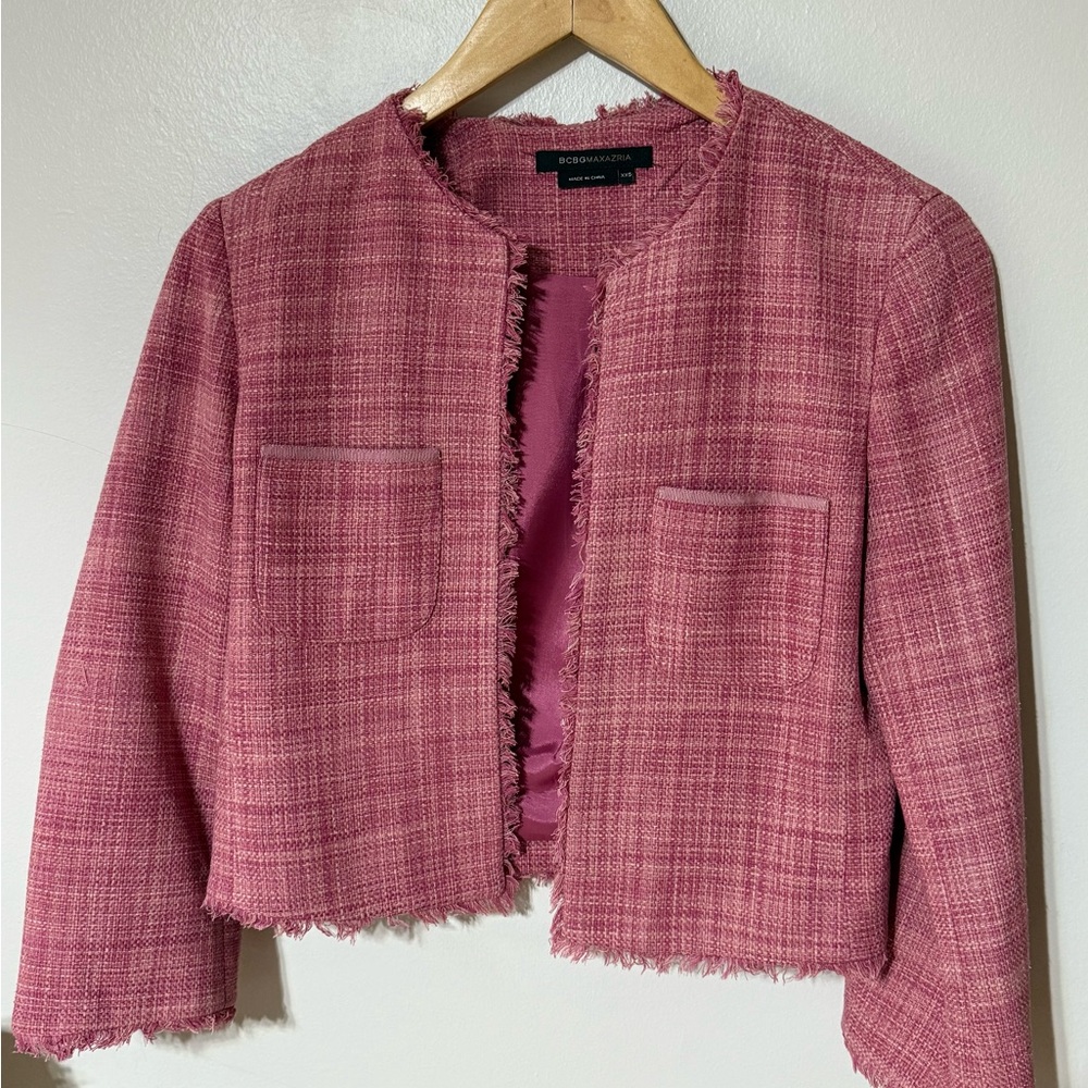 BCBGMaxAzria Pink Cropped Blazer with Frayed Edges